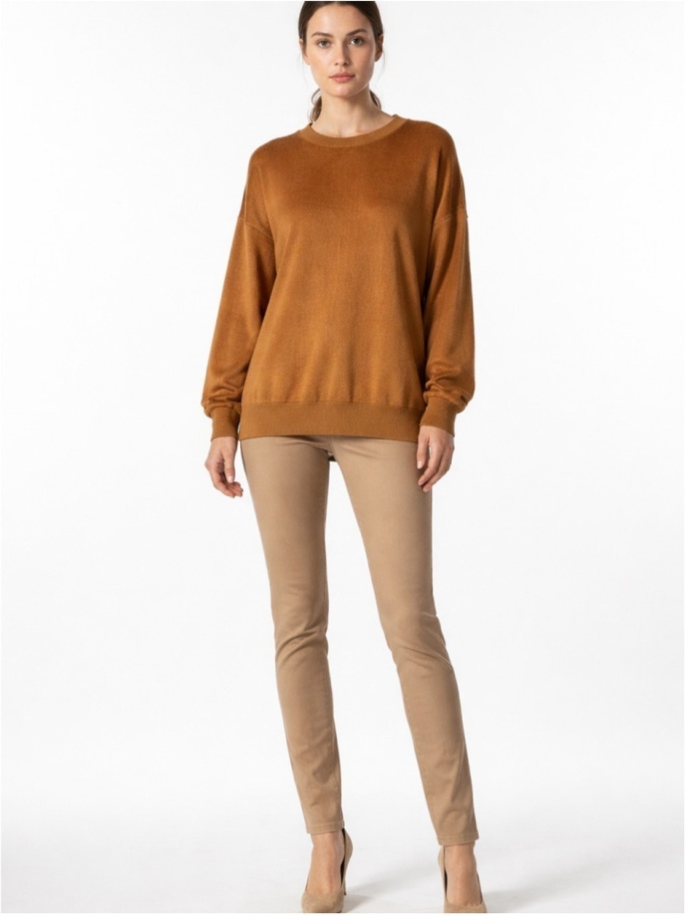 aerie Oversized Teddy Plush Soft Crewneck Sweater in Camel Brown/Orange Sz Large